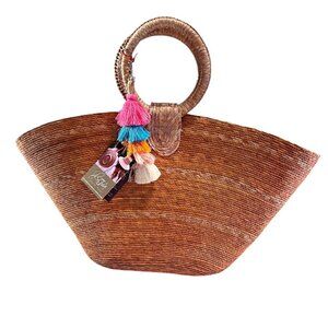 Stylish Orange 🍊 Brown Woven Tote Bag with Colorful Tassels